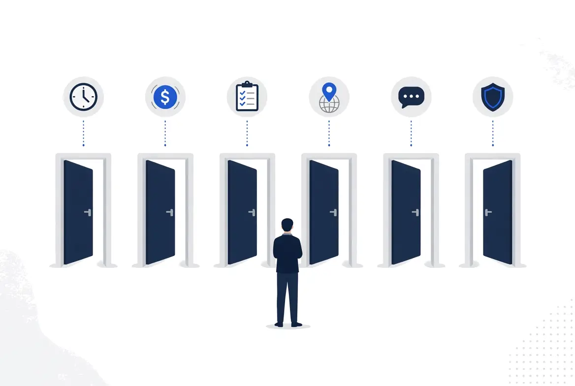 Illustration of one person facing six open doors, each with an icon above it: a clock, a dollar sign, a checklist, a map pin, a chat bubble and a shield