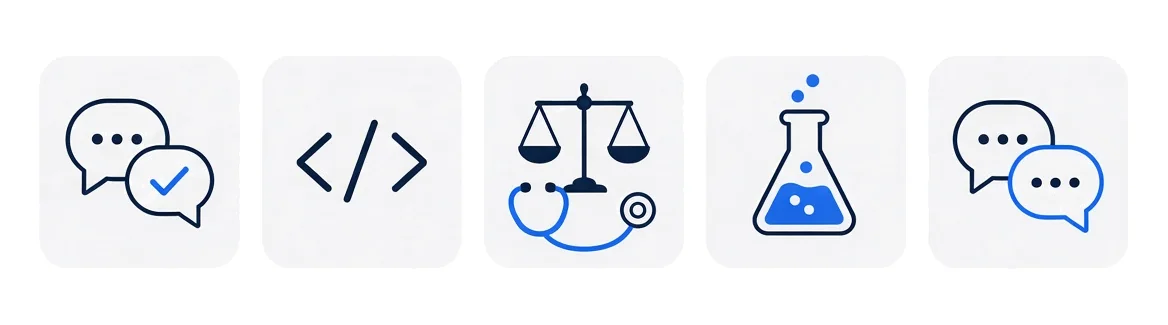 Five icons for types of AI training work: evaluation, coding, professional expertise, science and languages