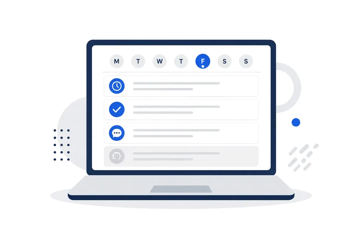 Illustration of a laptop showing a weekly calendar and a list of tasks with clock, check and chat icons