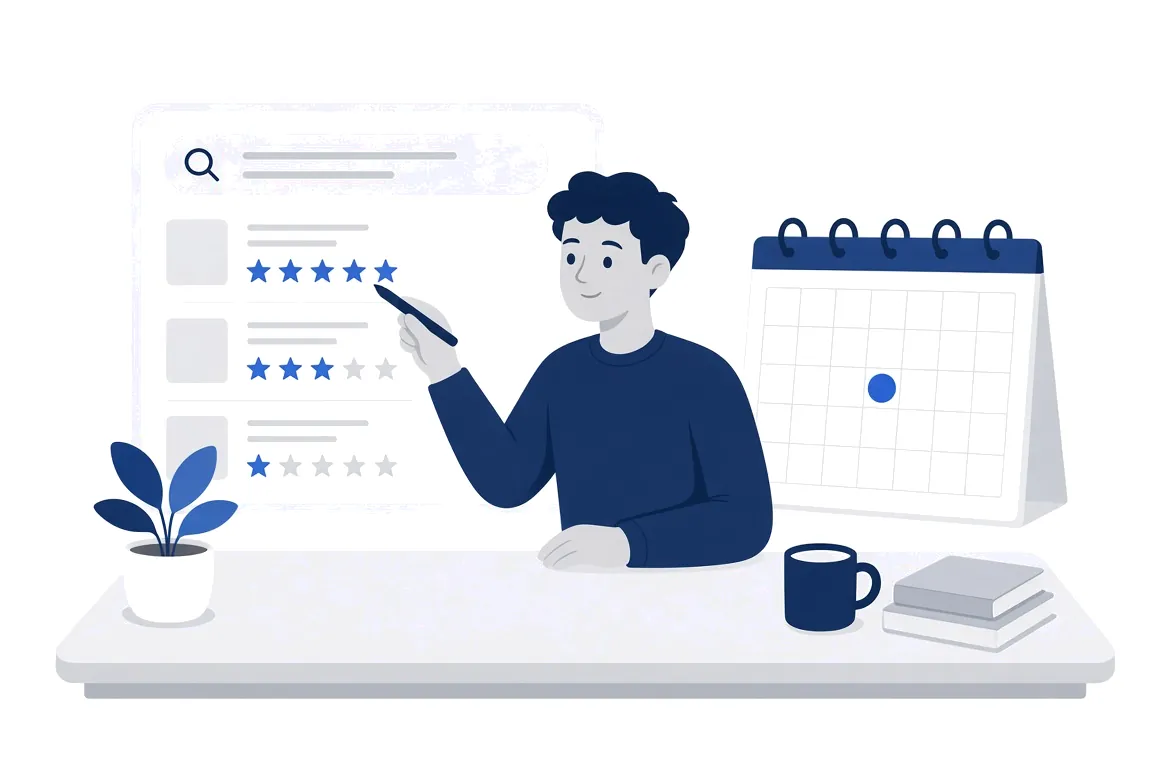 Illustration of a person rating search results with star icons, next to a desk calendar with one date marked