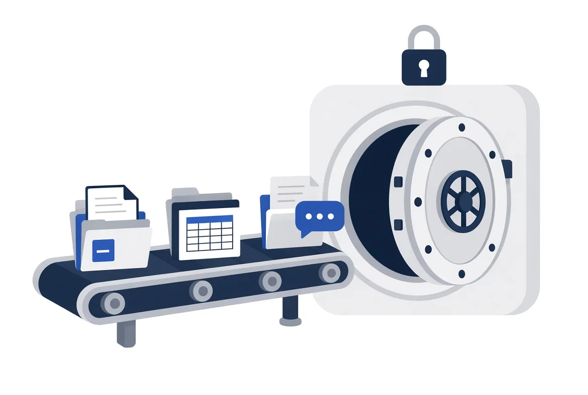 Illustration of documents, a spreadsheet and a chat bubble on a conveyor belt moving toward an open vault door with a padlock above it