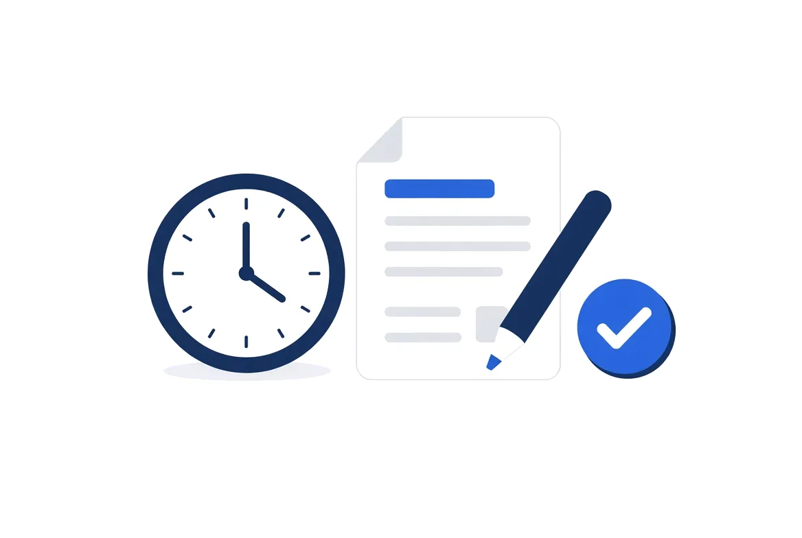 Illustration of a clock, a document with a pencil and a check mark badge