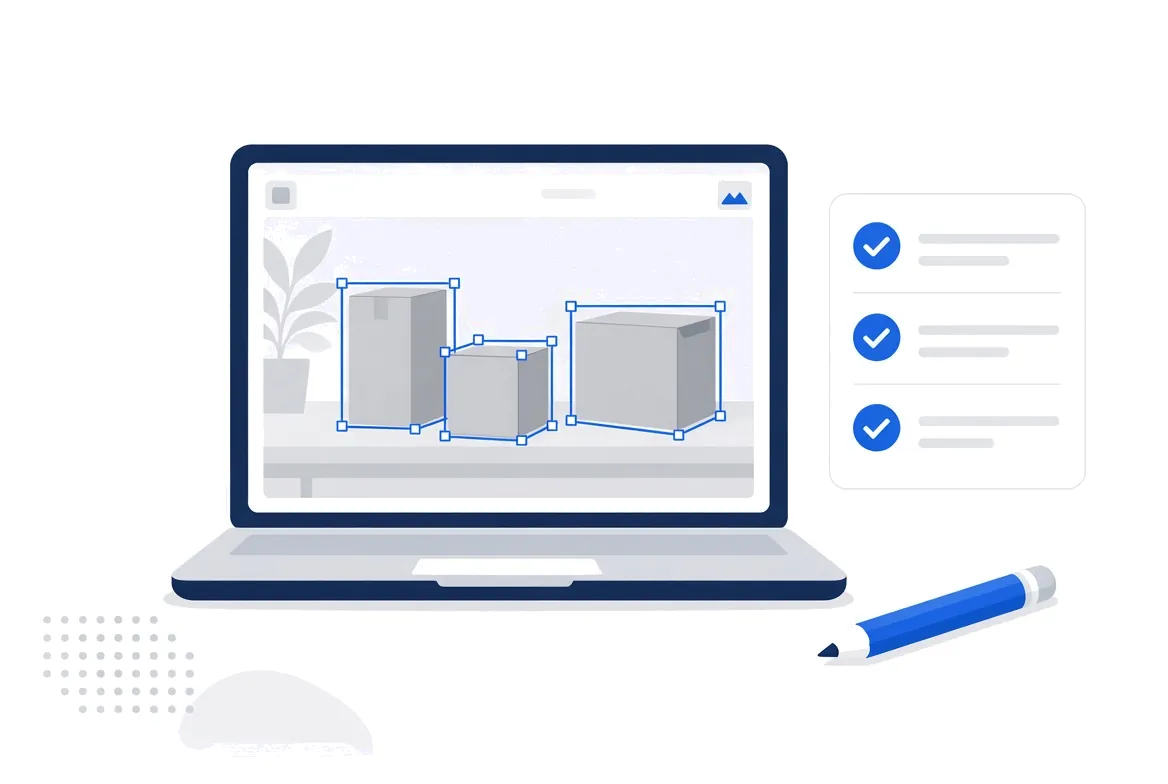Illustration of a laptop showing a photo with boxes drawn around three objects, beside a checklist and a pencil