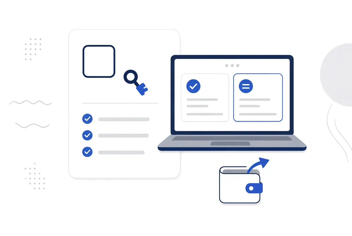 Illustration of a document with a key and a checklist next to a laptop, with a wallet and an arrow below