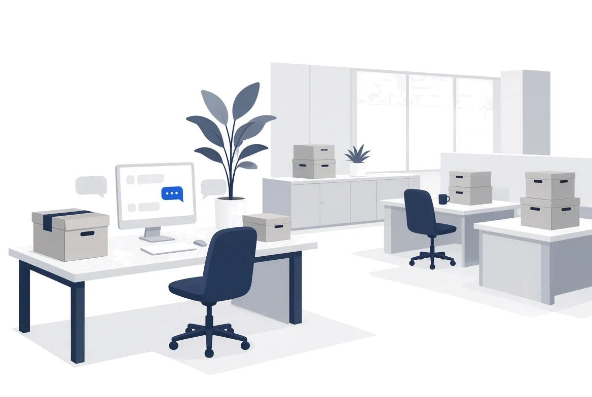 Illustration of a quiet empty office with archive boxes on desks and one monitor showing chat bubbles