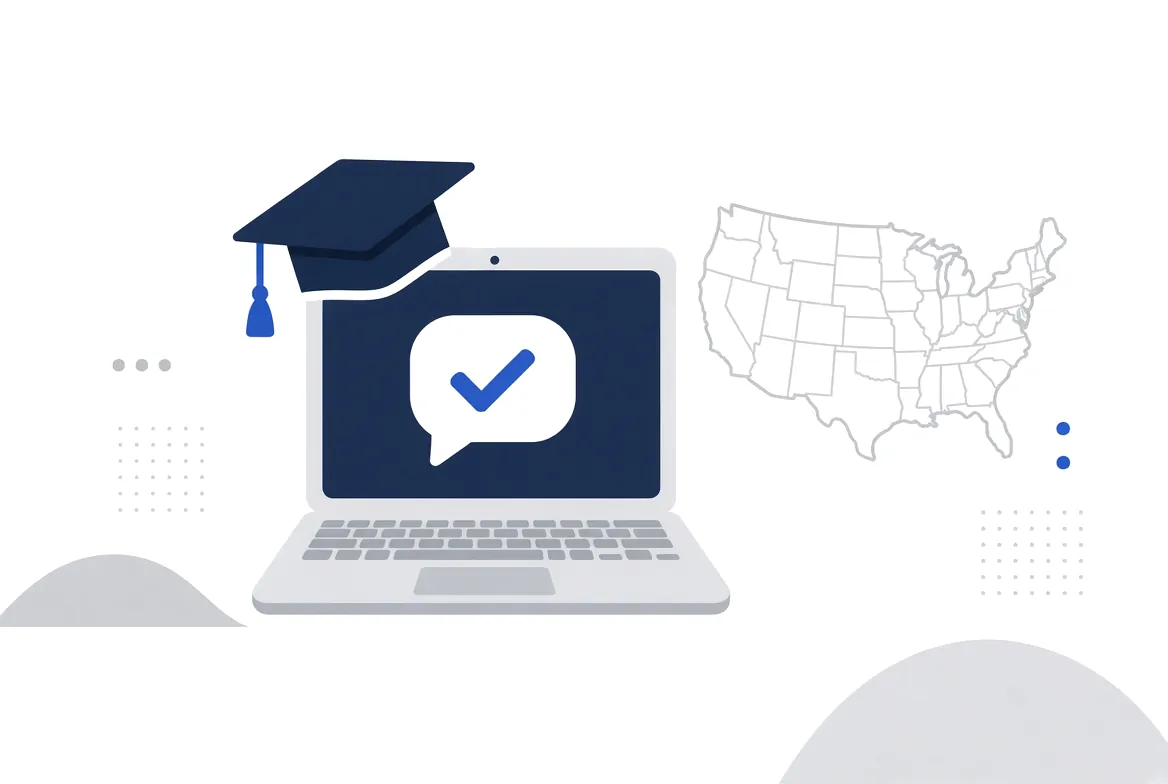 Illustration of a graduation cap on a laptop showing a chat bubble with a check mark, beside an outline map of the United States