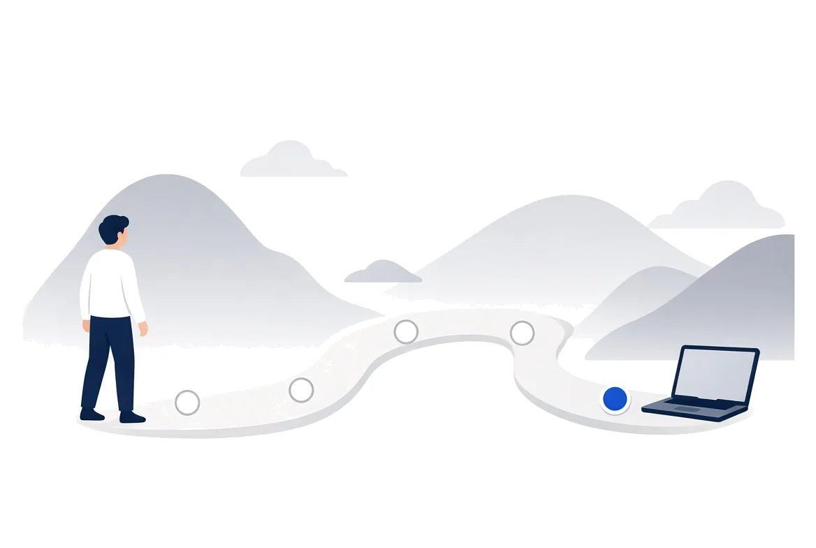 Illustration of a person standing at the start of a winding path with five milestone markers leading to a laptop