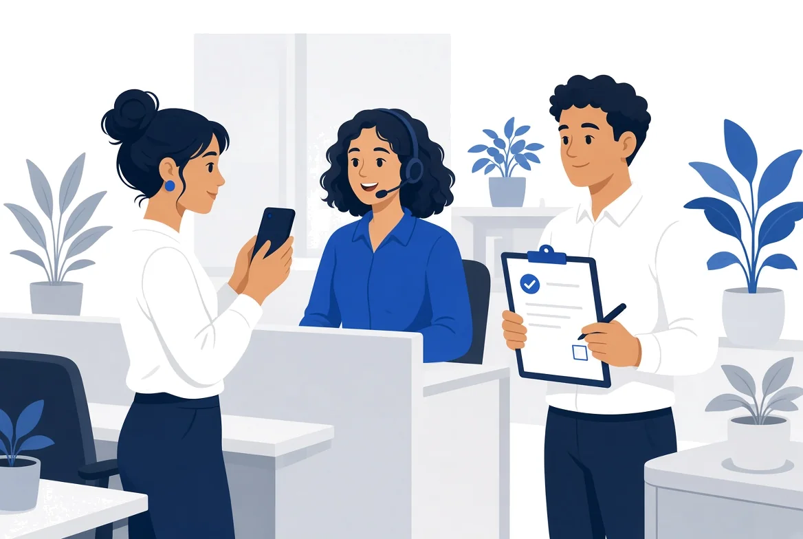 Ilustración de tres compañeros en una oficina: una persona graba con su celular a una colega con diadema y un tercero sostiene un formulario de consentimiento