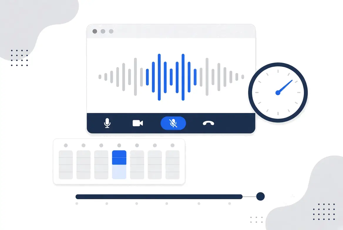 Illustration of a video interview window with a sound waveform, a clock and a weekly time grid
