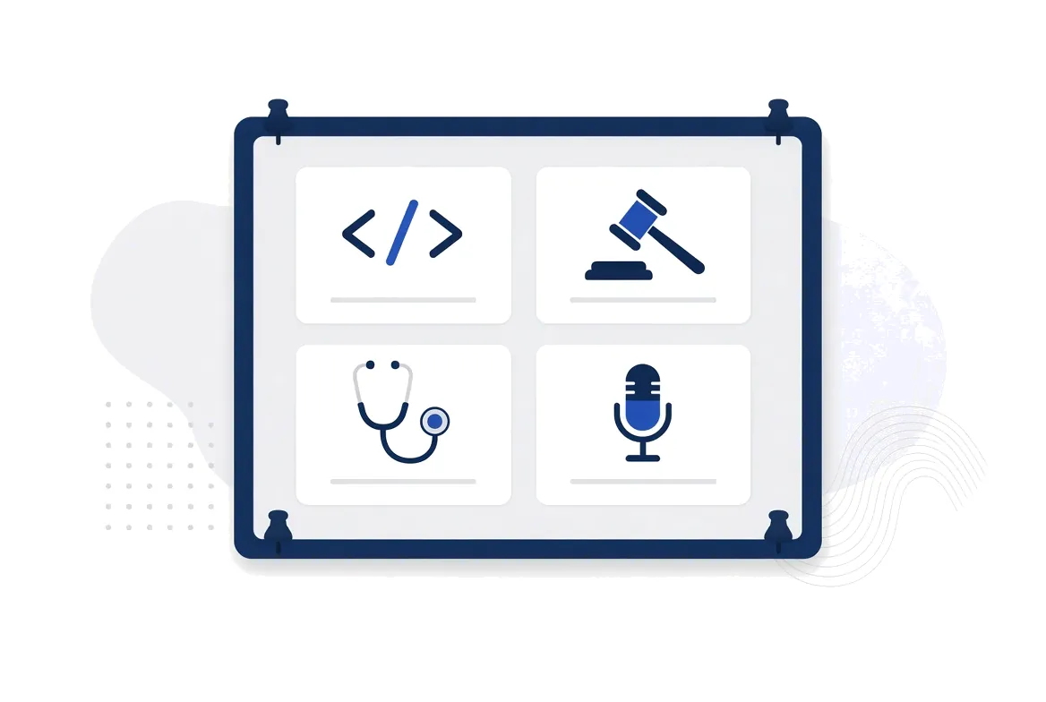 Illustration of a board with four job cards showing icons for code, law, medicine and voice recording
