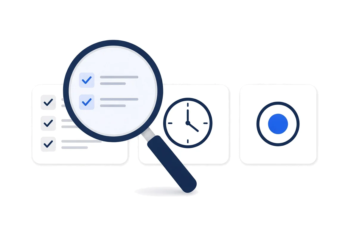 Illustration of a magnifying glass over a checklist card, with a clock card and a blue dot card beside it