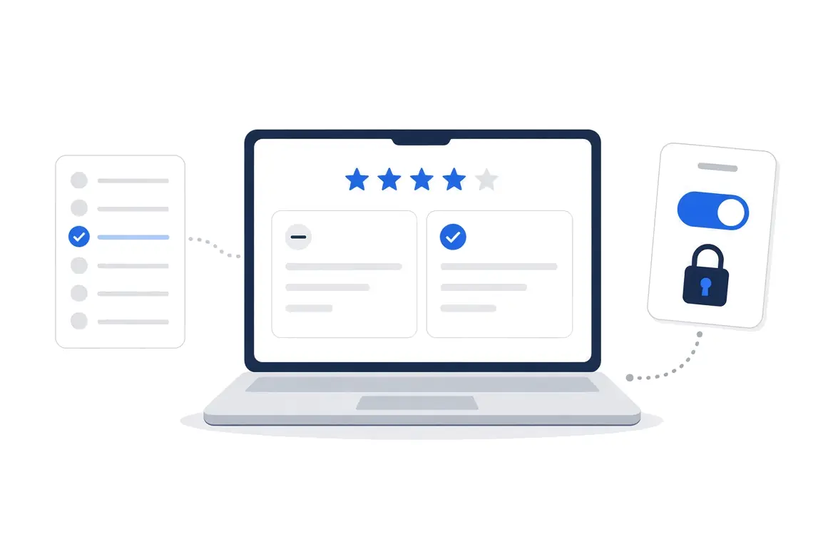 Illustration of a laptop showing a star rating and two cards, with a checklist on one side and a privacy lock on the other