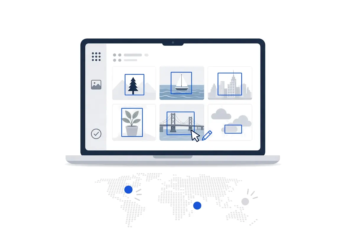 Illustration of a laptop showing a grid of images with boxes drawn around objects, above a dotted world map