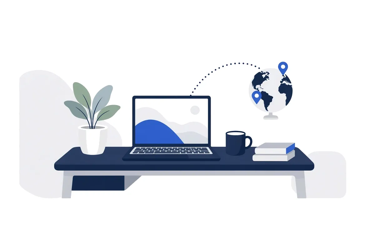 Illustration of a home desk with a laptop and a plant, with a dotted line to a small globe with location pins