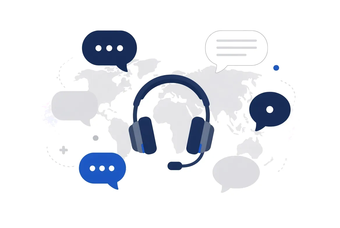 Illustration of a headset surrounded by speech bubbles over a world map