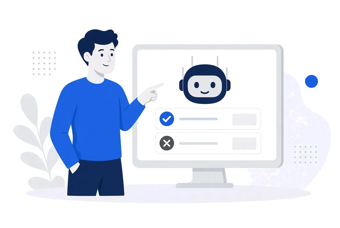 Illustration of a person pointing at a screen where a friendly robot sits above two answer cards, one with a check and one with a cross