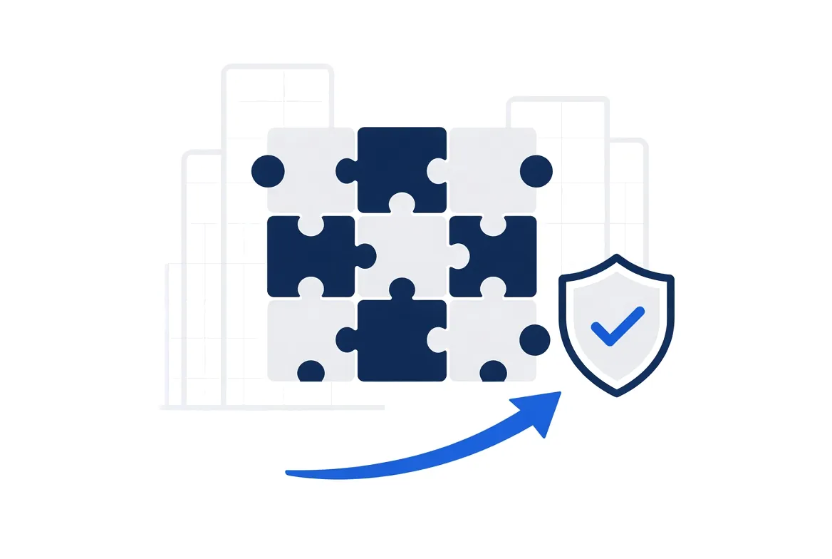 Illustration of a grid of puzzle pieces in front of office buildings, with an upward arrow pointing to a shield with a check mark